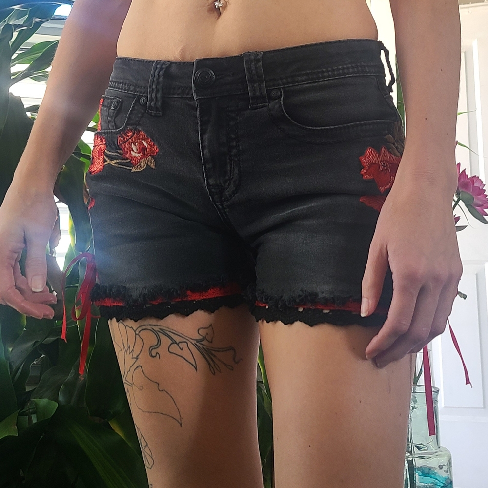Embroidered Black Denim Shorts